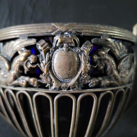 Vintage Pierced Pedestal Sugar Bowl /Blue Glass Liner, Dragons and Crest - Picture 2 of 10